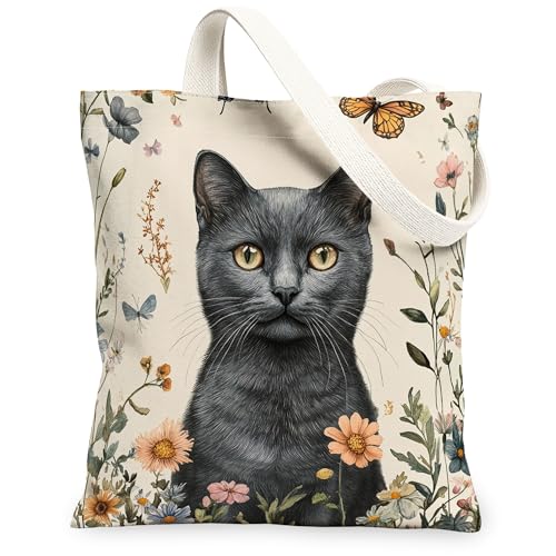 Bolsa de lona con diseño de gatos azules rusos de primavera para compras, 13 x 15 pulgadas, bolsa de comestibles reutilizable para mujeres, pintura de viaje para mascotas, decoración de regalo