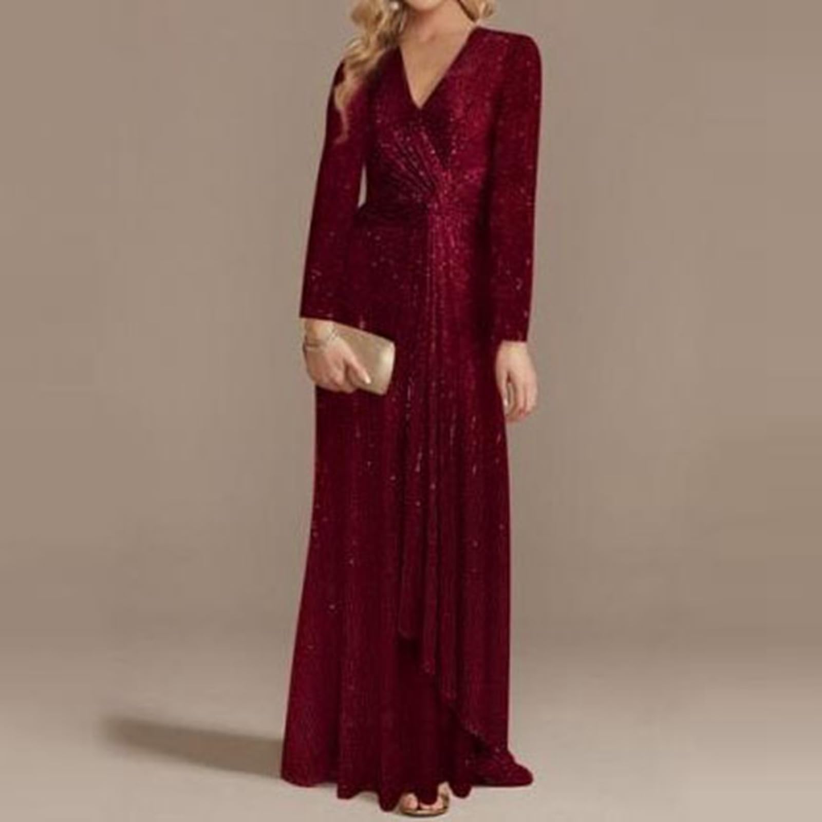 Robe de soirée élégante à Manches Longues en Paillettes de Couleur Unie pour Femmes Robe Portefeuille Midi Décontractée