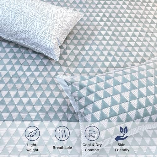 Image of TOAI Hand Block Printed Bedsheet | Bed Spread Flatsheet Bed Sheet | Pure Cotton | Queen Size 90 inchx108 inch | 300 TC Long Staple Cotton | 2 Reversible Pillow Covers |Green Line Pattern