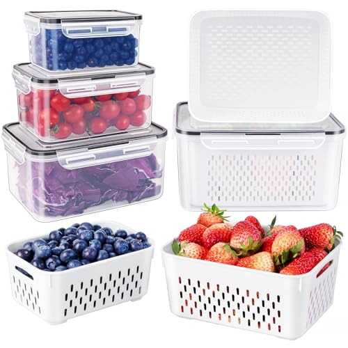 Comparison: Best Vegetable Storage Containers For Fridge 3 4 PCS Fruit Storage Containers for Fridge with Removable Colander, Airtight Food Storage Container, Dishwasher Safe Produce Saver Container for Refrigerator, Keep Berry Fruit Vegetable Fresh Longer