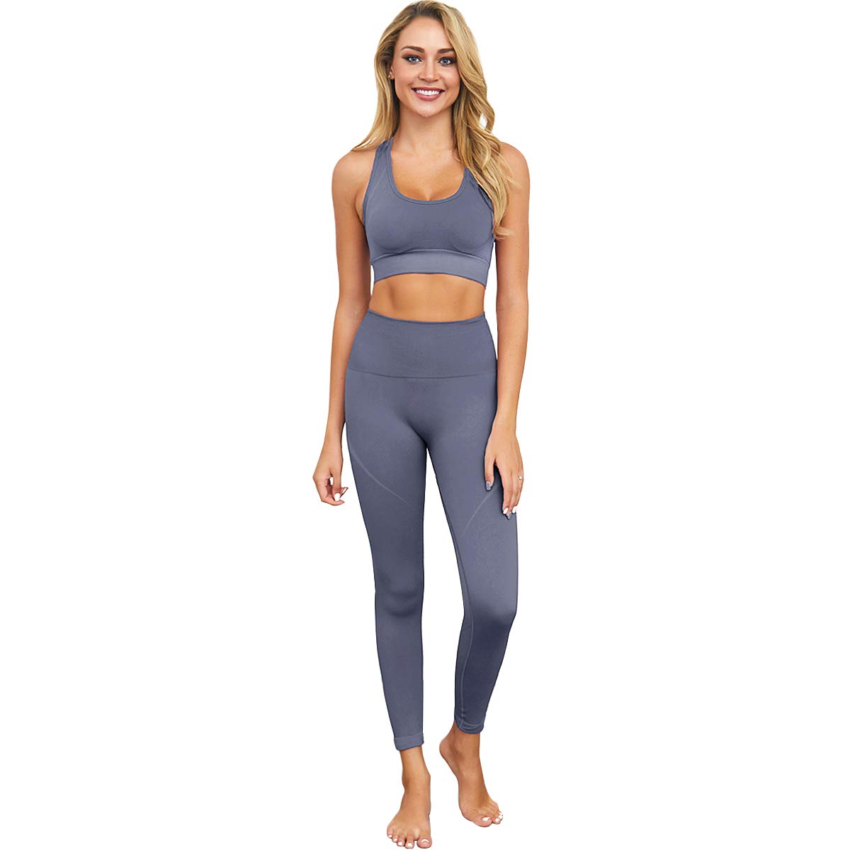 JetjoyGym Sets Women Workout Set 2 Piece Outfits Ribbed Seamless Long Sleeve Tops and High Waist Leggings Activewear Sets Gym Clothes for women