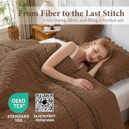 Image of JOLLYVOGUE King Size Comforter Set, 3 Pieces Oak Brown Seersucker Comforters King Size, Lightweight & Fluffy Bedding Sets King for All Season with 1 Ruffle Comforter and 2 Ruffle Pillowshams