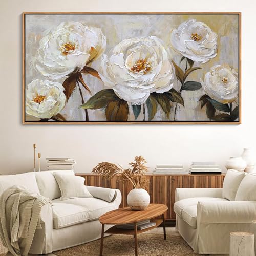 Image of Flower Canvas Wall Art Textured Floral Picture Wall Decor White Large Elegant Painting for Living Room Modern Artwork for Home Decor Pictures for Bedroom Wall Decor 29x58IN