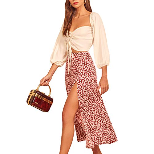 Women's Maxi Midi Skirt Drawstring Side Ruched Split Thigh Pleated Skirt A-Line Elastic Waist Skirt Peasant Skirt (4, M)