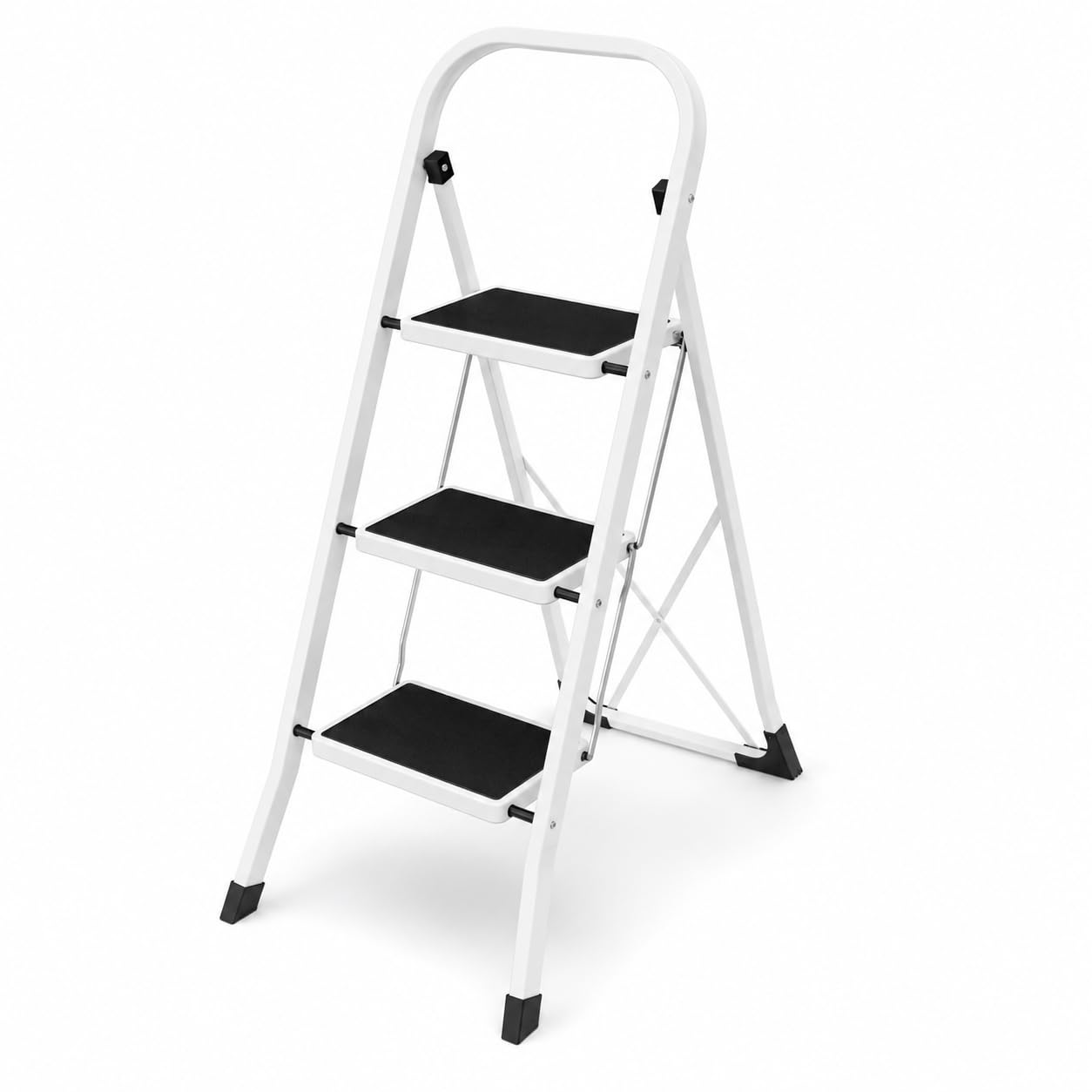 3 Step Steel Folding Ladder with Non-Slip - Reinforced Metal Frame Ladder with Non-Slip Rubber Treads and Ultra-Thin Design for Home, Kitchen, Office and Warehouse