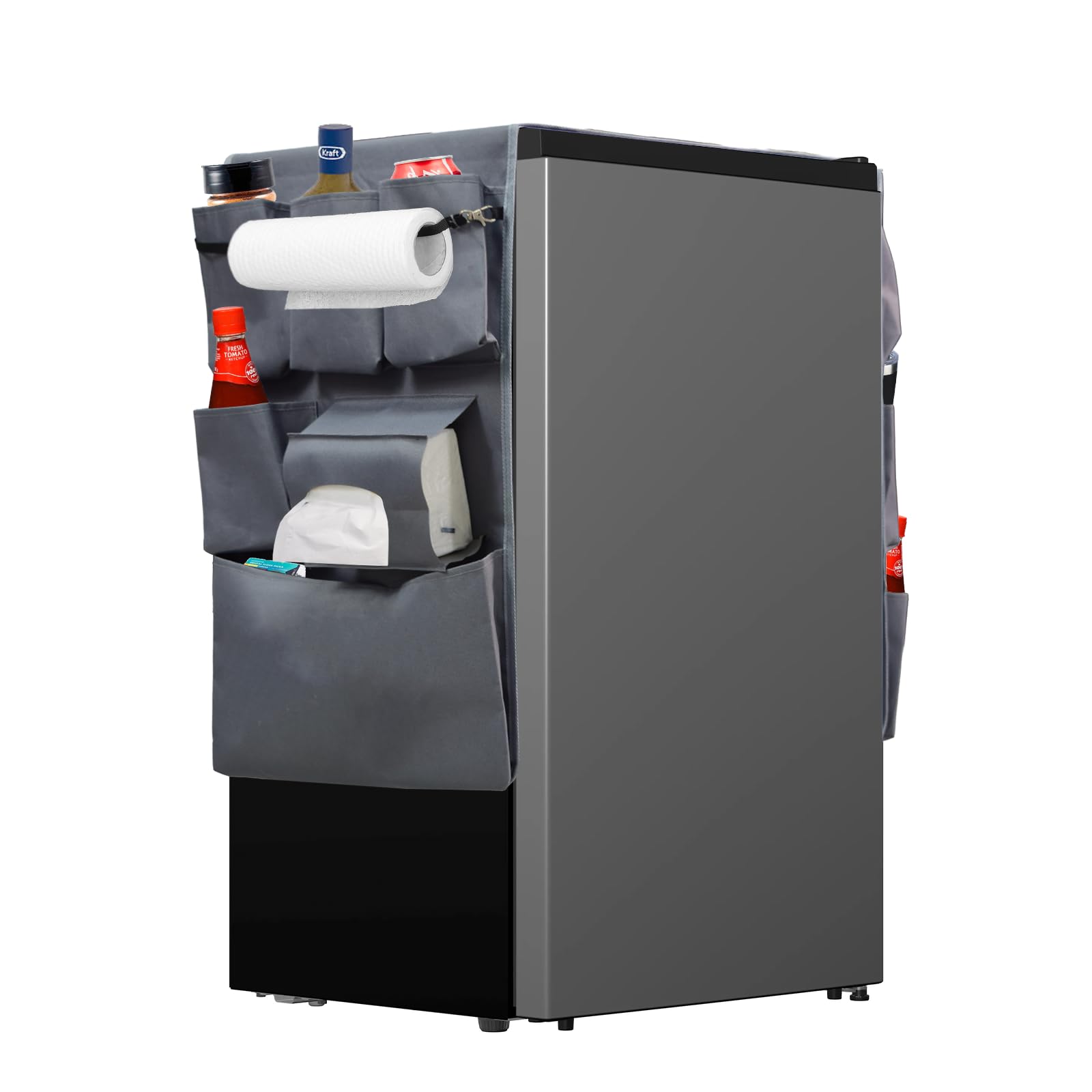 Mini Fridge Organizer with 13 Pockets, Dorm Room Over Mini Fridge Storage Accessories for College Dorms, Kitchen, Office Essentials, Candy Snacks & Bottles (Gray)