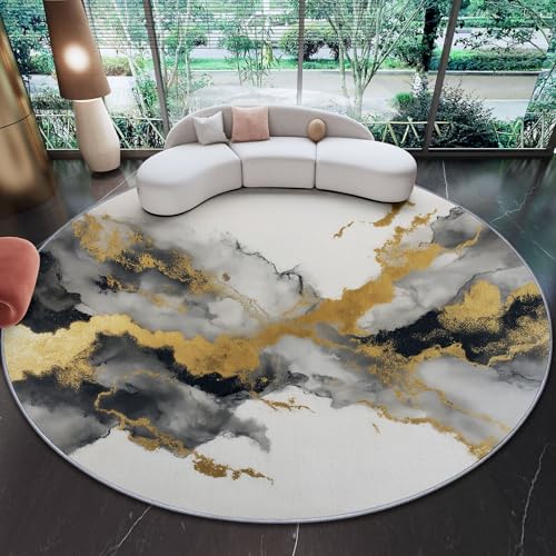 Genérico 90 cm Alfombras Redondas para Sala de Estar, Elegante Exquisito Pintura A Tinta Estampada Alfombra Redonda Lavable Gris Dorado - Pelo Corto Suave Franela Alfombras para Dormitorio Comedor