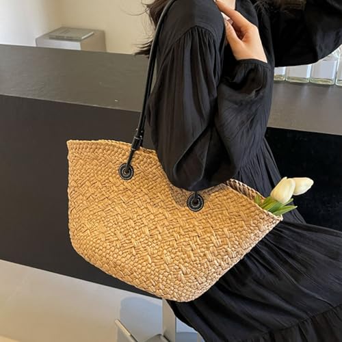 Image of Straw Woven Beach Bag, Stylish Large Capacity Shoulder Bag, Handmade Weaving Handbags, Straw Bags, Tote Bags for Outdoor Shopping, Design for Summer Beach Resort Travel