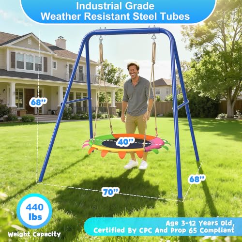 Image of 40 inch Saucer Swing with Frame for Kids Outdoor, 440lbs Swing Set with Heavy Duty Metal Stand, Outdoor for Toddler and Kids 3-8 Backyard