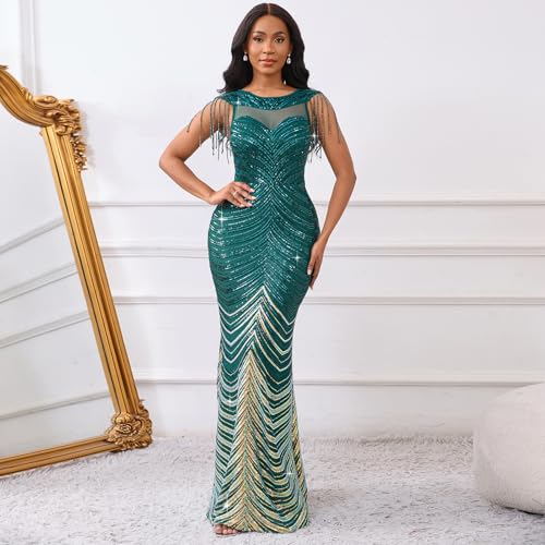 Image of Cololura Women Sexy Sequin Mesh Perspective Bodycon Party Cocktail Evening Gown Maxi Dress