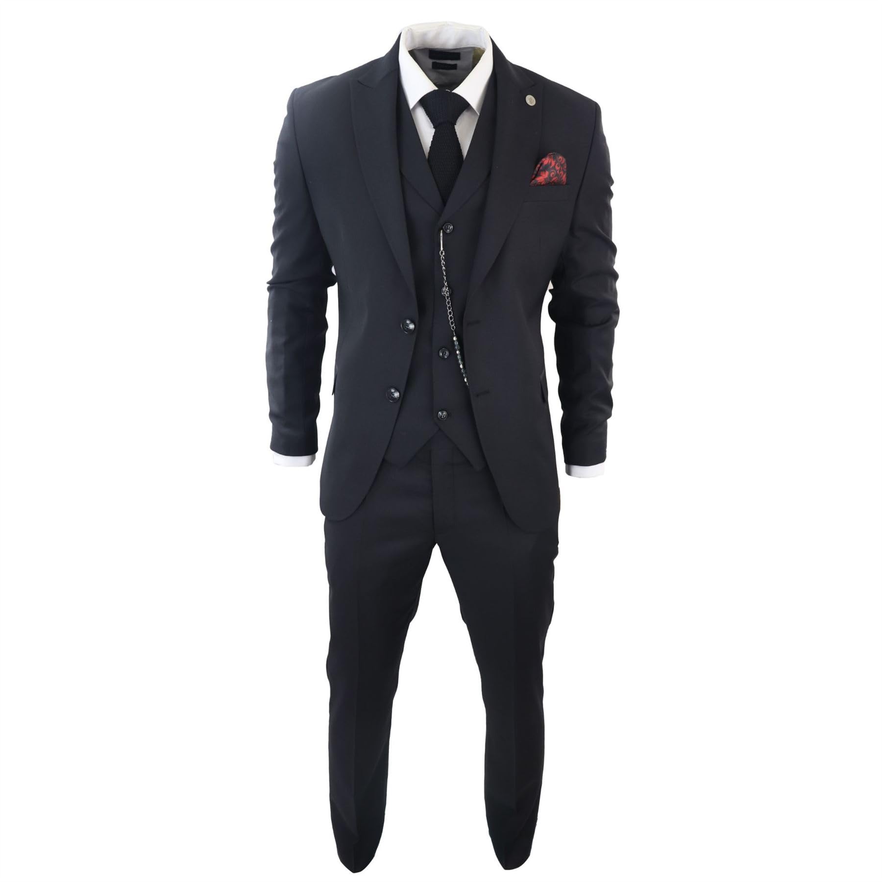 Mens Classic 3 Piece Suit Black Pocket Chain Wedding Tailored Fit Vintage Formal - Black 48