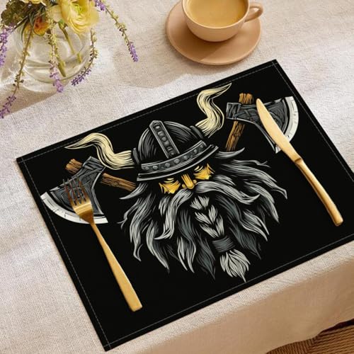 Lot de 6 Set de Table Coton et Lin Tissu Napperon Rétro Vikings,Lavable décoratif Table Dessin Animé Hache, 45 x 30 cm Placemats pour Salle...