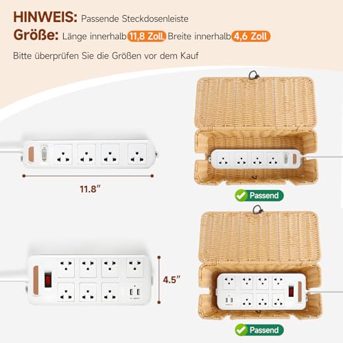 Rattan Kabelbox, Handgemachte Kabelbox, Geflochten Kabelmanagement Box mit Abdeckung, Kabel Organizer Box zum Verstecken von Kabel für TV Power Strip für Haus, Büro
