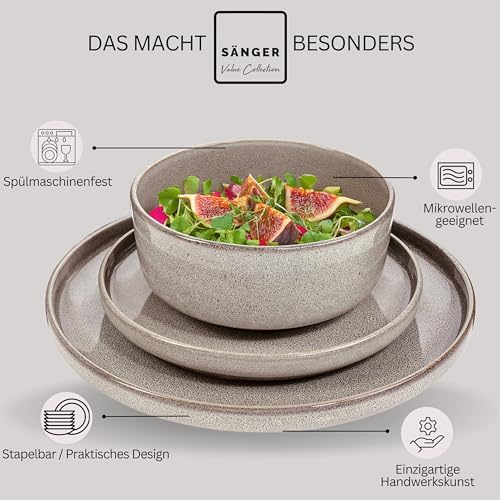 SÄNGER Kairo Clay | Tafelservice 18 teilig, Steingut Geschirr Set 6 Personen, 6x Speiseteller 6x Dessertteller 6x Schalen Geschirrset & Schale Grau, Teller Set, Tiefe Teller | VALUE COLLECTION