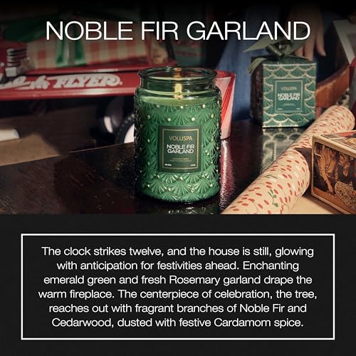 Image of Voluspa Noble Fir Garland, Large Candle Jar, 18oz, Coconut Wax Blend, Scented Candles for Home, 100 Hour Burn Time, Poured in the USA