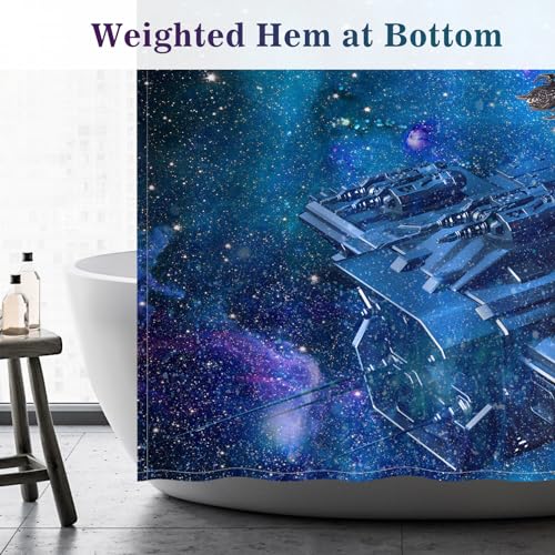 Image of Aimego Extra Long Shower Curtain - Funny Cute Cool Cat on Fantasy Outer Space Galaxy Universe UFO Fabric Cloth Shower Curtain Set with 12 Hooks Bathroom Decor Accessories Bathtub Curtain, 72 inchx84 inch