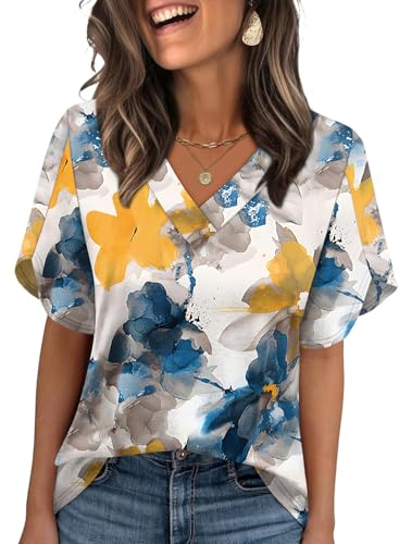 Image of WIHOLL Womens Summer Tops Short Petal Sleeve Shirts Fashion V Neck Womens Clothing