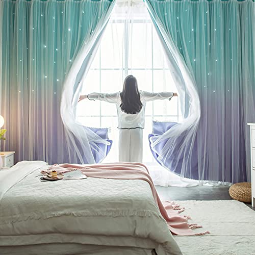 Image of Yancorp Kids Curtains for Girls Bedroom - Princess Panel for Daughter Room, 84 Inches Long, Star Design with Tieback & 3 Bowties (Purple Teal, W52*L84)