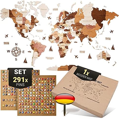 WOW WOOD® Premium Wanddeko 3D Weltkarte aus Holz in Deutsch | Holzfarbe, L | Wanddeko Holz für Wohn- und Büro Deko | Werkzeuglose Wandmontage Cover