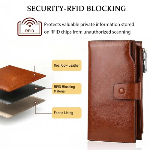 Image of YALUXE Women's RFID Real Leather Wallet with 21 Card Slots Phone Pocket | Waxed Leather, RFID Blocking, 20 Credit Card Slots, 1 ID Window, 3 Slit Pockets, Bill, Ticket, Phone Pocket