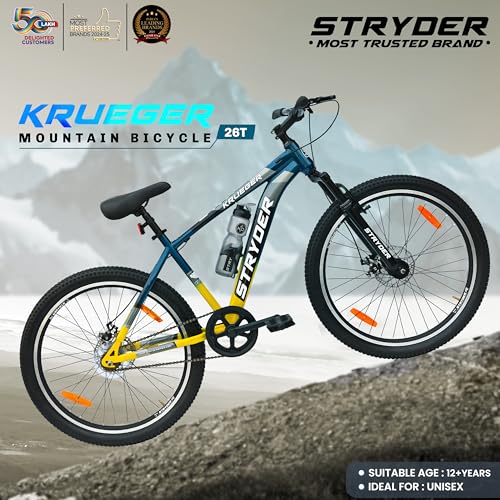 Image of Stryder 26T Krueger Mountain Cycle for Adults | Front Suspension | Dual Disc Brakes | Welded Steel Frame | Double Wall Alloy Rims | Unisex Bicycle | 90% Assembled | Blue and Yellow