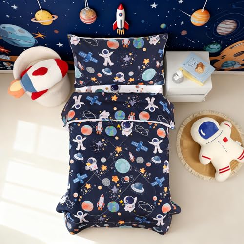 Image of 4 Piece Toddler Bedding Set, Ultra Soft and Breathable Cartoon Space Toddler Comforter Sets for Boys Includes Quilted Comforter, Fitted Sheet, Flat Sheet and Pillowcase