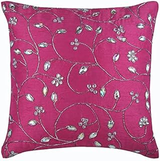 The HomeCentric Designer Fuchsia Pink Cushion Cover, Zardozi Leaves Garden Cushion Blankets, 45 x 45 cm Cushion Cover Decor, Square Silk Cushion Covers for Couch, Flowers - Fuchsia Bloomers