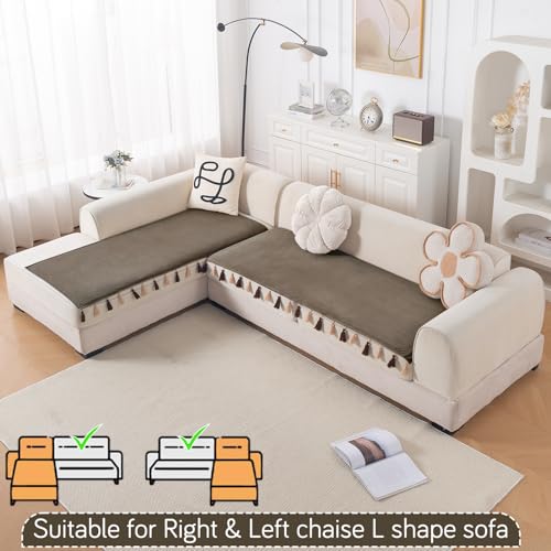 Image of HOKIPO Tassel Tone Sofa Cover L Shape 4 Seater Mat, Coffee Brown