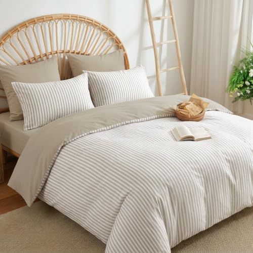 Image of Nayoroom Brown Striped Duvet Cover Queen Reversible White Taupe Bedding