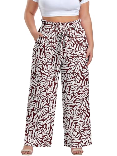 Image of OLRIK Women's Plus Size Pants Adjustable High Waisted Wide Leg Palazzo Pants Casual Trousers with Pockets Spring Clothes
