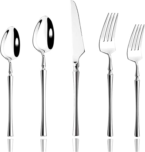 JASHII Juego de vajilla de lujo de 20 piezas de plata para 4 cubiertos con cuchara tenedor de ensalada, juego de utensilios de cubertería, pulido