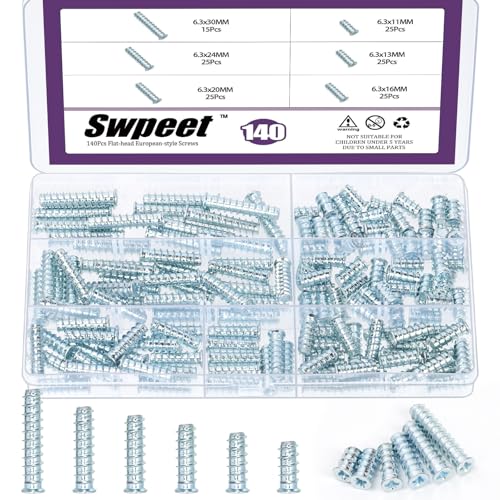Swpeet 140Pcs 6Sizes Blue White Cross Flat Head Euro Tornillos Kit, Phillips Tornillo Euro de muebles sumergidos, Tornillo Euro de riel de deslizamiento de cajón, Tornillos Euro de accionamiento Pozi