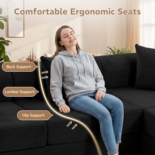Image of 141.73'' U-Shaped Sectional Sofa Bed, 6-in-1 Modular Corduroy Couch with Soft Cloud-Like Feel, Removable Storage Bag, Anti-Pilling Fabric, Tool-Free Assembly, for Living Room, Black