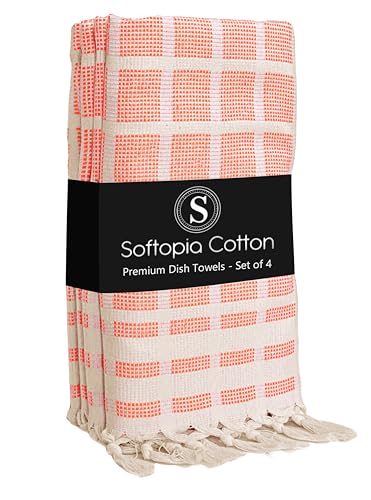 Image of Matrix Dobby Kitchen Towels 4 Pack 100% Cotton, 16x26 Inches, Decorative Tea Towels with Handmade Tassels, Absorbent, Reusable Dish Cloths for Drying Dishes - Bright Orange, Natural