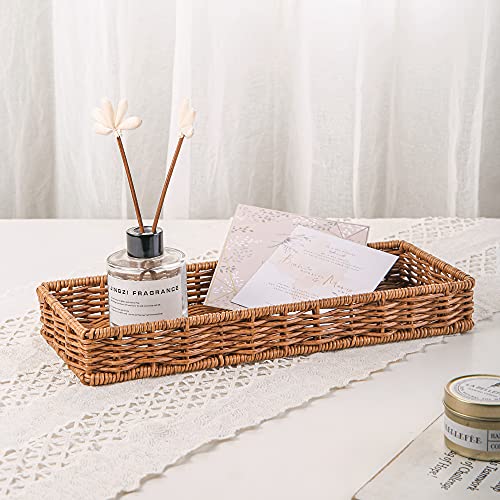 Rattan Bathroom Tray Toilet Tank Basket, Bathroom Sink Vanity Tray Long Narrow, Guest Towel Napkin Holder, Storage Basket Tray for Home Decor, 13.7'' x 5.3