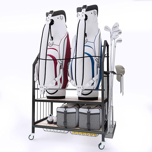 Golf Bag Organizer Storage Golf Bag Rack for Two Golf Bags with Clubs Holder and Golf Equipment Accessories Movable Lockable Wheels for Garage