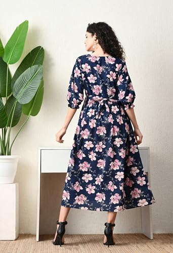 Image of Ichaa Women's Navy Blue Cotton Printed Maternity Dress with Feeding Zips and Pocket, in Plus Sizes