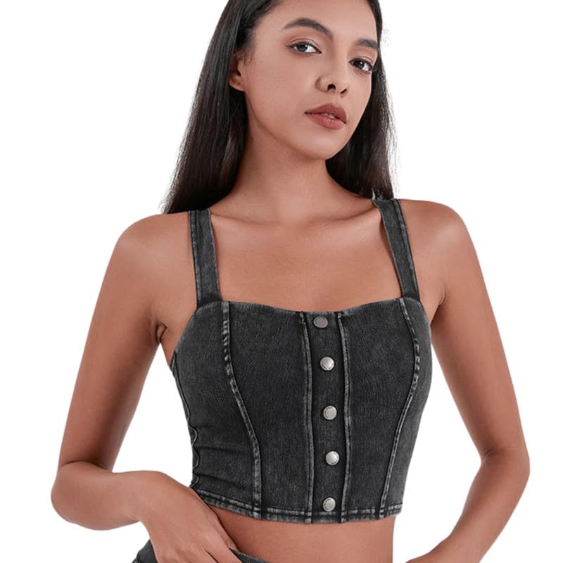 Women’s Denim-Style Yoga Sports Top | High Elasticity Tight Fit | Chest Pad Quick-Dry Fitness Vest-image-19
