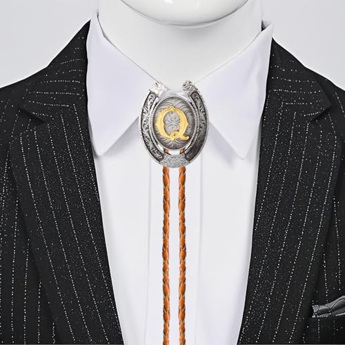 Image of Bolo tie for Men Western Cowboy Brown Leather Necktie Initial Letter ABCDJMR to Z Bolo ties for Women