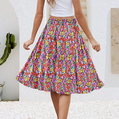 Women Summer Casual Skirts High Waist Trendy Loose Flowy Midi A-Line Skirt with Pockets Floral4