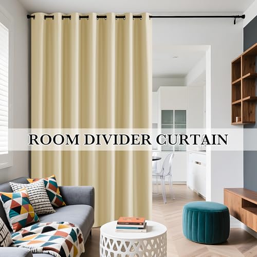 Image of RYB HOME Extra Long 100% Blackout Room Divider Curtains for Bedroom 108 Inch Long, Extra Wide Privacy Sliding Door Blinds for Patio /Living Room /Dining, 1 Panel, W100 x L108, Beige