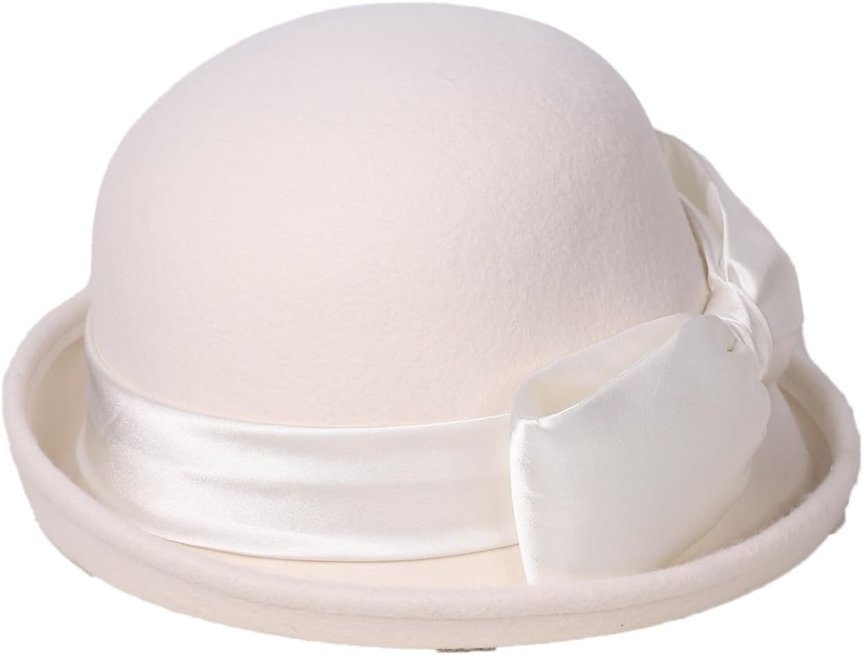 HIMESPORT Women's Black White Wool Felt Cloche Hat with Bow Formal Church Tea Party Dress Cocktail Rolling Brim Hats image 4