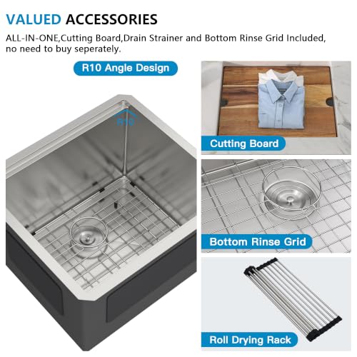 Image of 21 inchx19 inch Undermount Laundry Utility Sink Workstation - 16 Gauge 304 Stainless Steel, 13 Inch Deep Single Bowl Under Counter Sink Basin for Laundry Room, RV or Utility Use