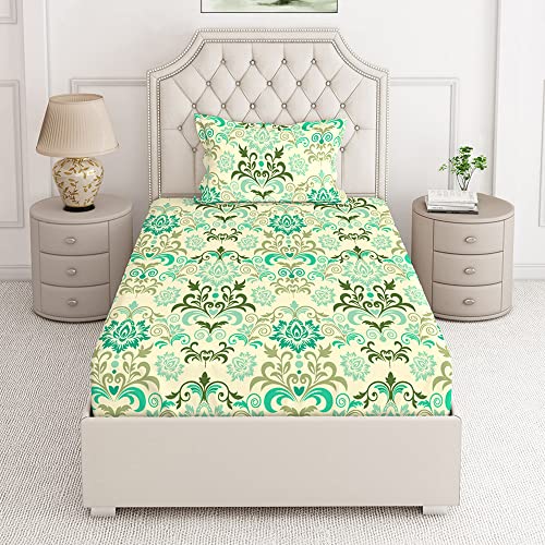 Image of Layers 100% Cotton Bedsheet for Single Bed with 1 Pillow Cover (Ethnic Pattern, Green) Light Weight, Breathable, Moisture Absorbent, All Season Comfort, Classic Collection