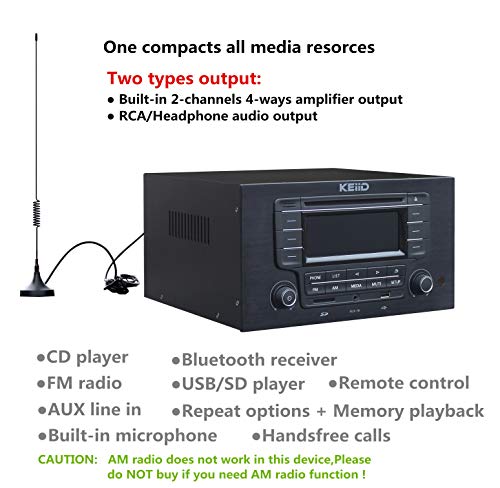 KEiiD CD Player with 4-Way 4x20W Amplifier 4.0 Output (No Speakers Inside) ,Built-in Bluetooth Receiver USB SD MP3 3.5mm AUX Line-in Remote Control LCD Display, RCA and 3.5mm Headphone Jack Output