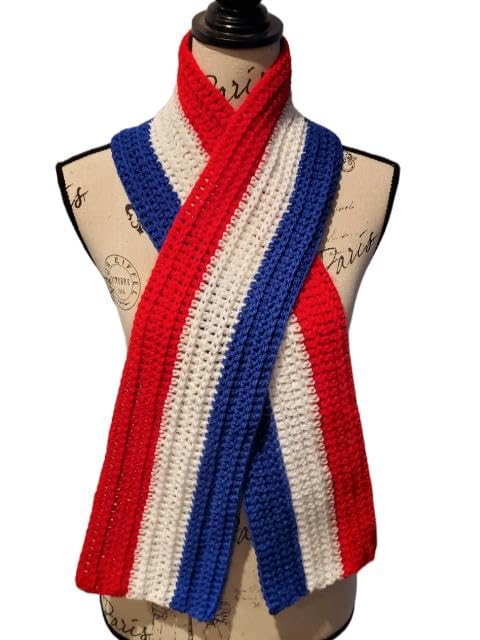 Handmade Red White & Blue Patriotic Scarf – Crochet Neck Warmer – Soft Acrylic Americana Accessory – Long Lightweight Scarf for Women & Men – 4th of July, Election Day Gift