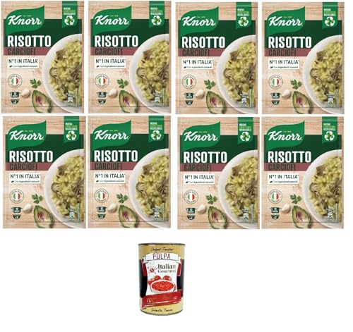 Knorr risotto de alcachofa, risotto preparado con ingredientes naturales, arroz 100% italiano y al dente chicci preparado en sartén o en microondas, 8x175 g+ Polpa gourmet italiana 400g