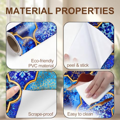 Image of Moroccan Tile Door Sticker, Blue Gold Door Cover, 30.3x78.7in