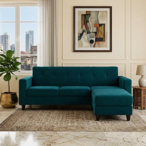 Image of Homeboy 4 Seater L Shape Sofa Set with Movable Ottoman | Flexible Left or Right Layout | Luxe Velvet Suede Fabric | Comfortable Seating | Modern Sofa for Living Room -Green Teal Color
