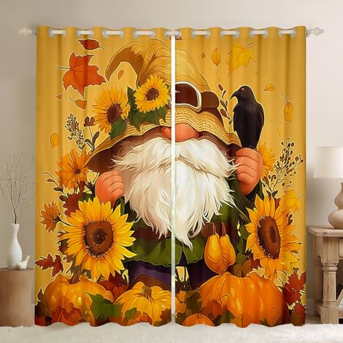 Castle Fairy Happy Fall Window Curtains,Cartoon Pumpkin Curtain,Sunflowers Window Drapes for Kids Teens Boys Young Man,Modern Bedroom Decorative,Yellow Leaves Curtain,52Wx84L
